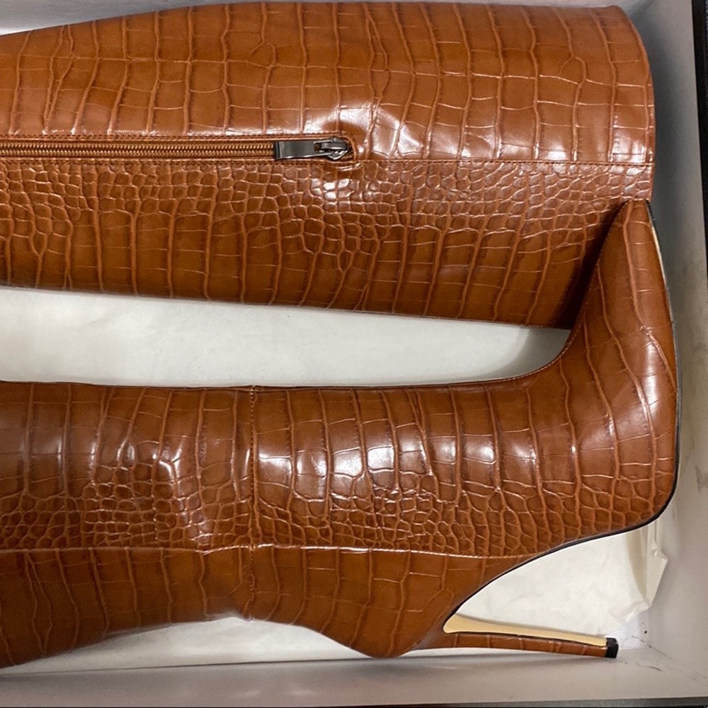 Cognac brown faux reptile knee high boots pointed toe